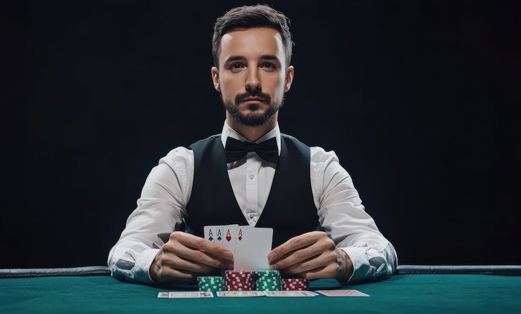 Live blackjack gameplay with dealer and player cards